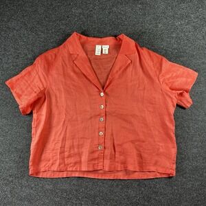 Joie 100% Linen M Button Up Cropped Shirt Short Sleeve Collared Crop Top Preppy